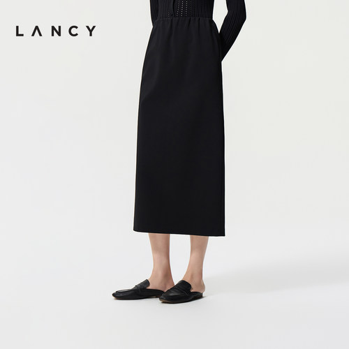 LANCY/朗姿2026夏季新款简约通勤高腰直筒裙松紧腰开衩中长半身裙
