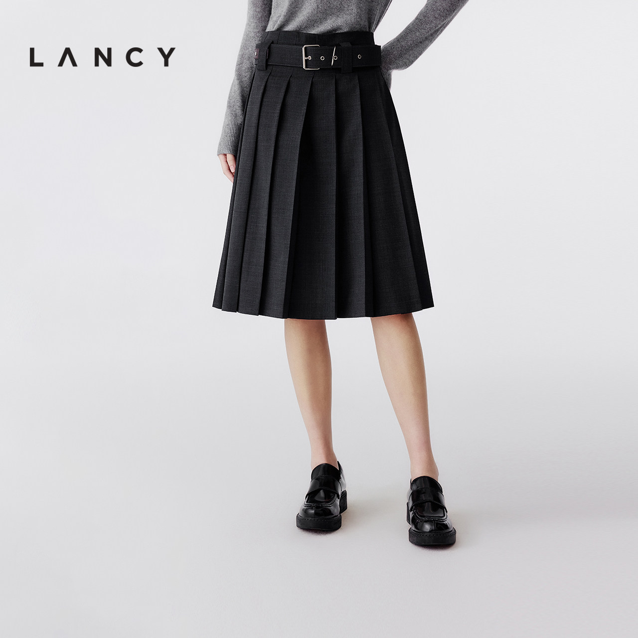 【纯羊毛】LANCY/朗姿2025冬季新款学院风通勤压褶A字腰带半身裙,女装/女士精品,半身裙,淘宝优惠券,粉丝福利购,淘宝优惠卷