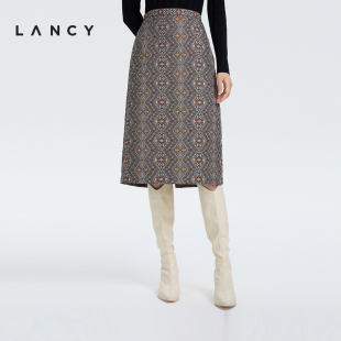 LANCY 几何A字高腰半身裙子女印花显瘦短裙子 新款 朗姿2022冬季