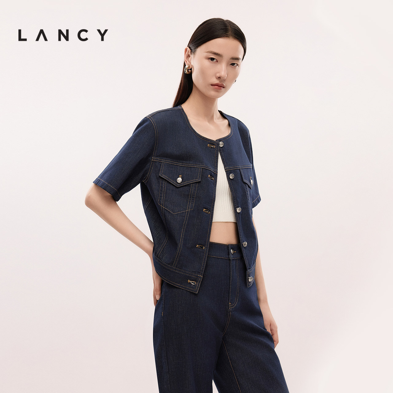 LANCY/朗姿2025年夏新款气质法式短款牛仔外套高级感圆领短外套女图片