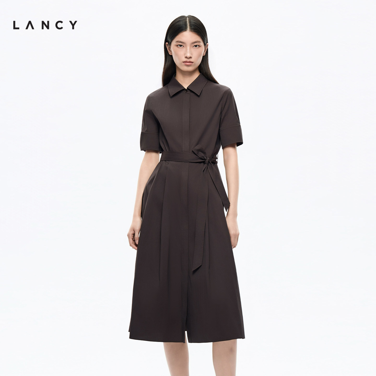 【棉】LANCY/朗姿2026夏季新款时尚通勤收腰衬衫裙短袖中长连衣裙图片