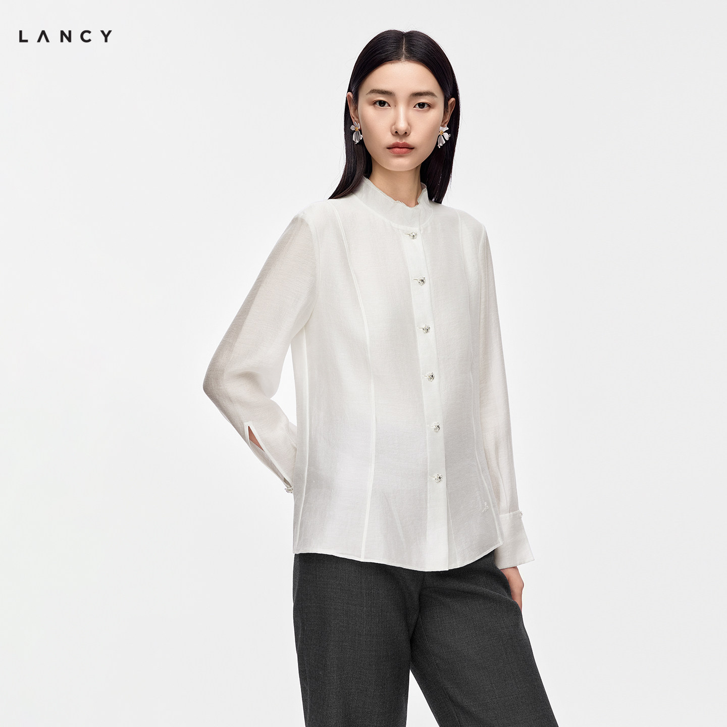 【莱赛尔】LANCY/朗姿2026秋季新款气质高级感花边立领衬衫上衣女图片
