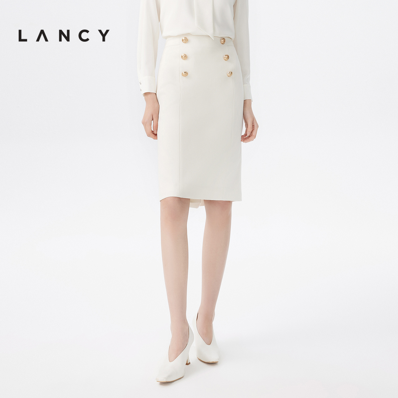 LANCY/悦朗姿2023春季新款高腰半身裙子女白色包臀通勤高级感裙女