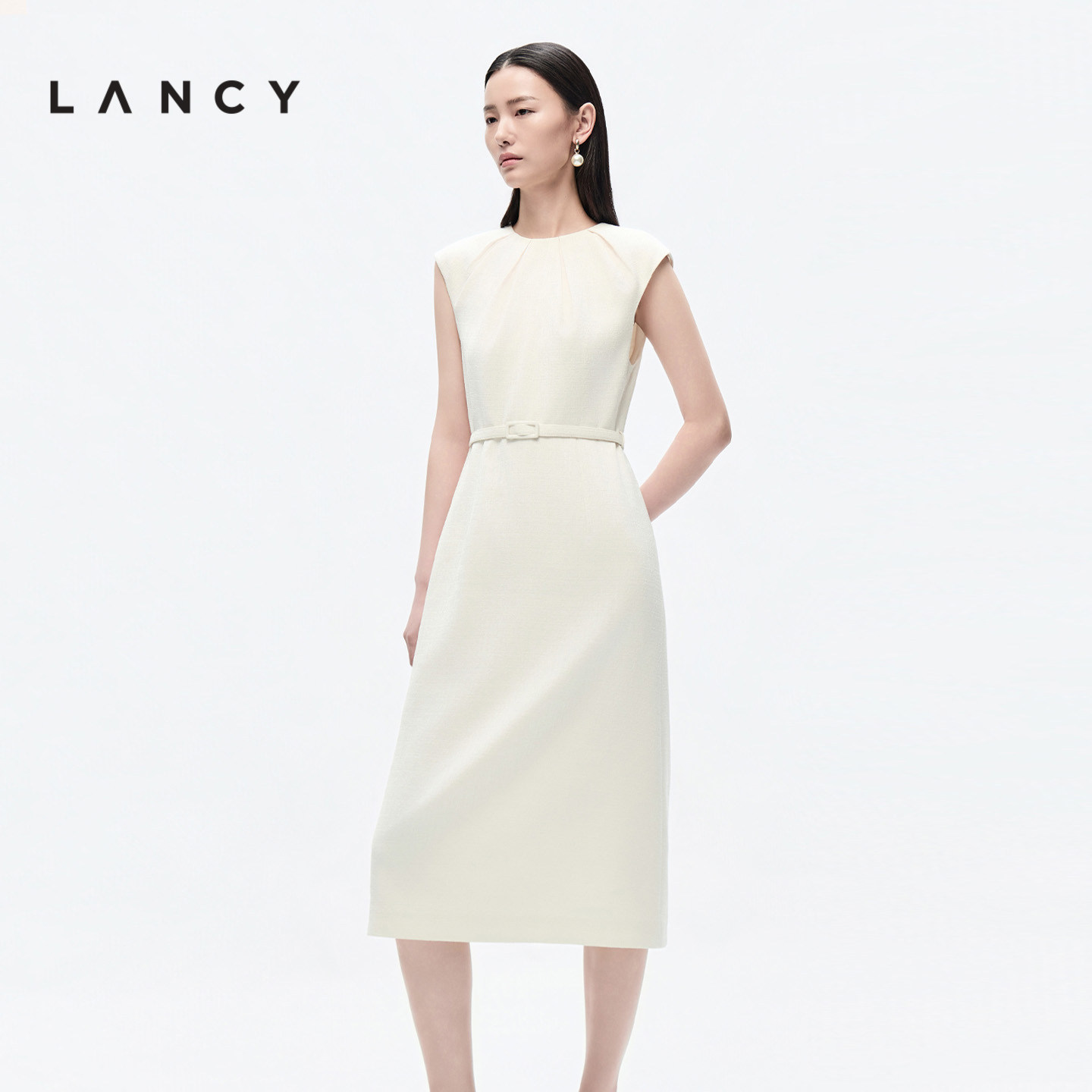 LANCY/朗姿2026夏季新款高级感通勤收腰圆领直筒裙无袖中长连衣裙