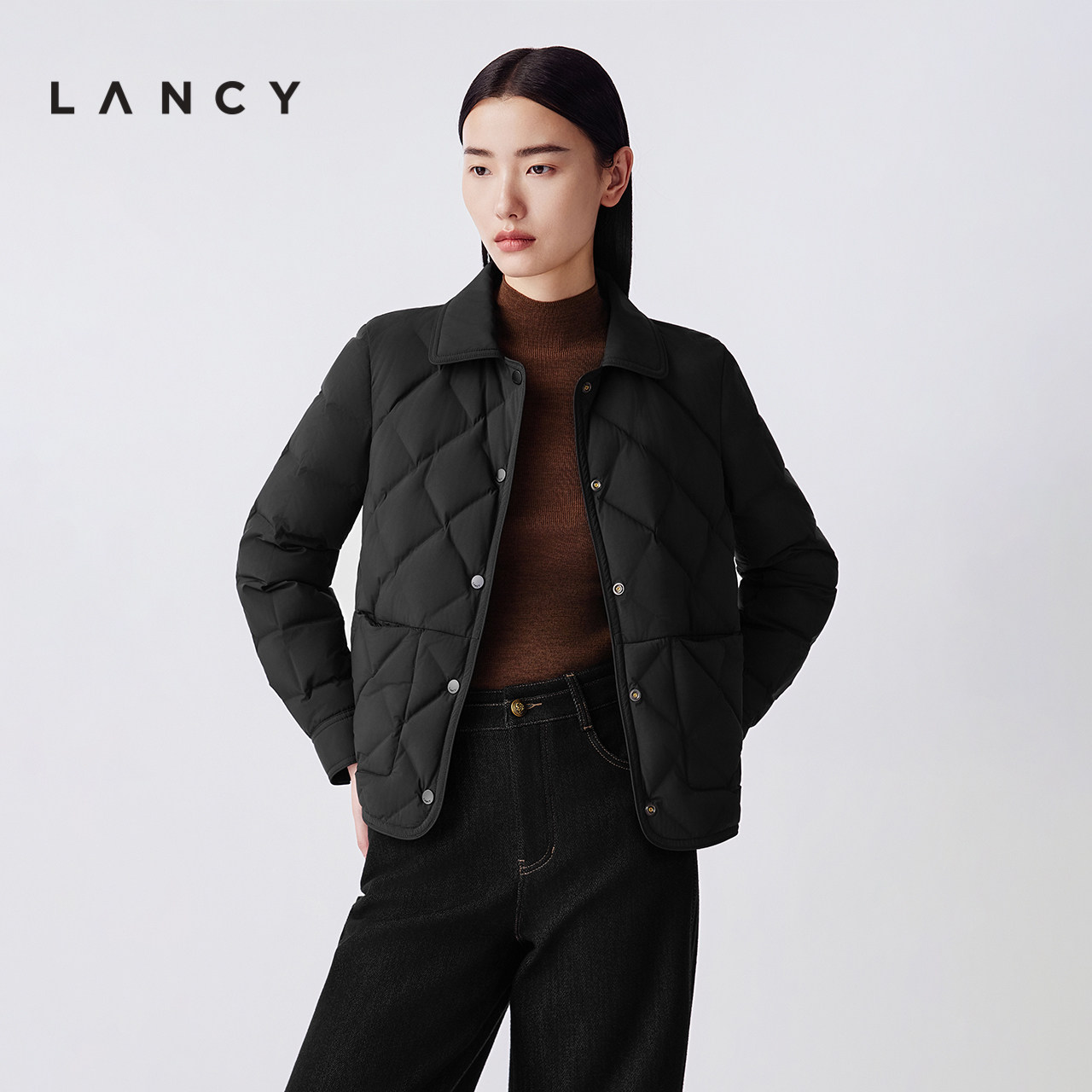 【匈牙利白鹅绒】LANCY/朗姿25冬新款简约菱格轻薄黑色短羽绒服