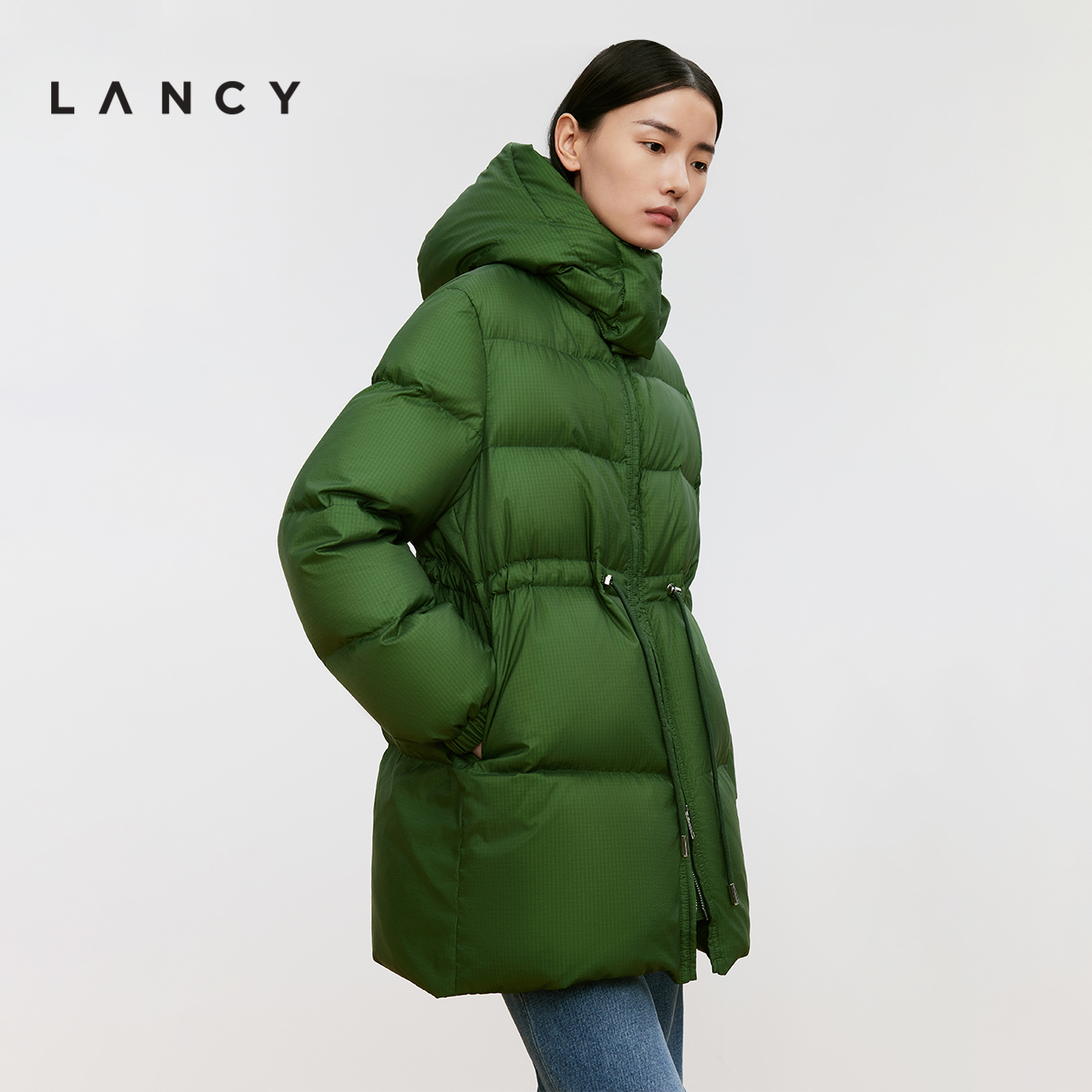 腰部抽绳 弹力袖口 网格图案
