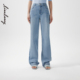 朗姿2024春季 新款 高腰直筒牛仔裤 LANCY 宽松显瘦拖地浅蓝牛仔裤 女