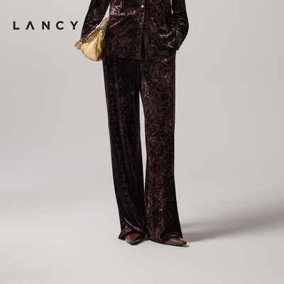 LANCY/朗姿2025年秋季新款老钱风丝绒西装裤女高级感气质直筒裤子