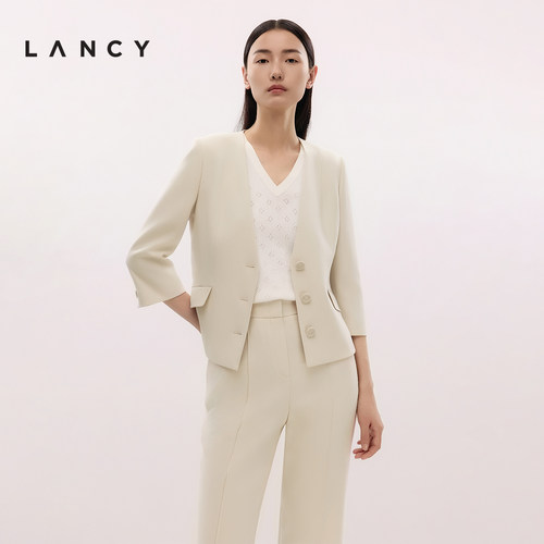 优雅V领 收腰设计 斜裁口袋