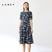 真丝 气质印花连衣裙女法式 LANCY 朗姿24夏季 新款 短袖 中长裙子