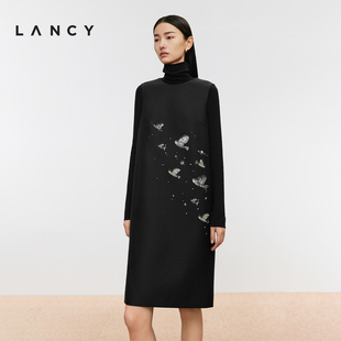 设计感印花高级感圆领连衣裙女 真丝羊毛无袖 LANCY 朗姿2024冬新款