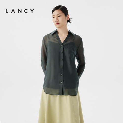 LANCY/朗姿2024夏季透气轻薄翻领衬衫苔绿色通勤透纱外搭上衣女