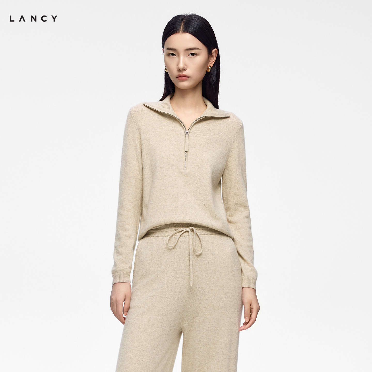 【纯羊毛】LANCY/朗姿2026冬季新款气质翻领半开襟针织衫休闲套装