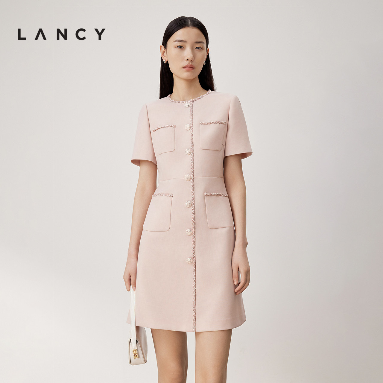 LANCY/朗姿夏季新款小香风气质收腰短款A字裙子精致连衣裙女