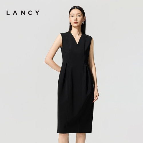 LANCY/朗姿2026夏季新款职业通勤V领无袖花苞裙收腰中长黑连衣裙