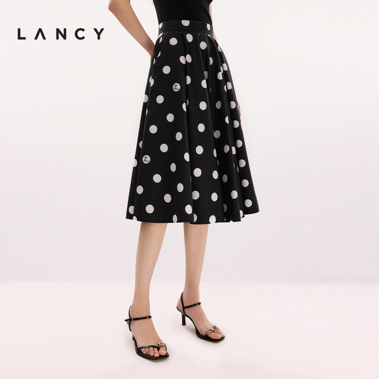 LANCY/朗姿2025夏季新款波点大摆高腰A字伞裙气质优雅中长半身裙图片