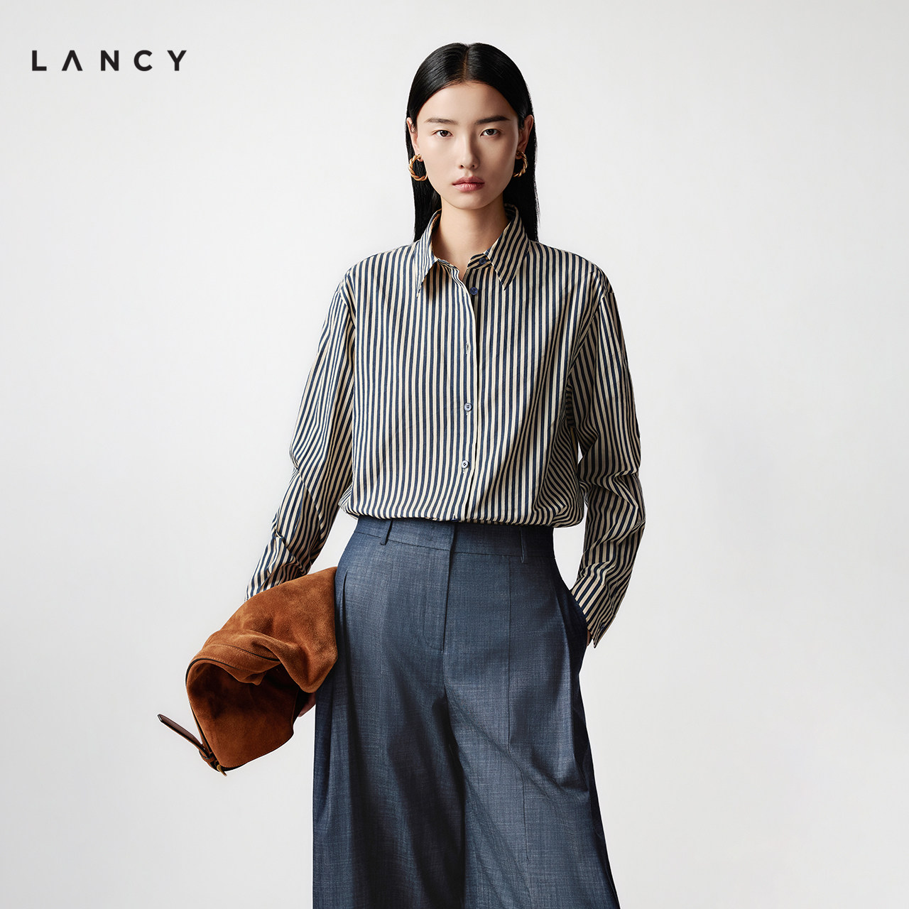 LANCY/朗姿2025年秋新款通勤气质撞色竖条纹长袖衬衫女高级感上衣图片