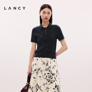 莱赛尔醋酸法式 新款 朗姿夏季 女 绞花短袖 针织衫 POLO领修身 LANCY