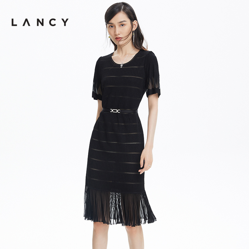 朗姿/LANCY针织蕾丝2022夏季新款连衣裙女短袖收腰百褶裙商场同款