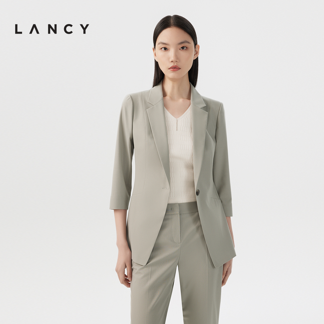 LANCY/朗姿夏季薄款绵羊毛西装外套女收腰显瘦通勤职业西服上衣