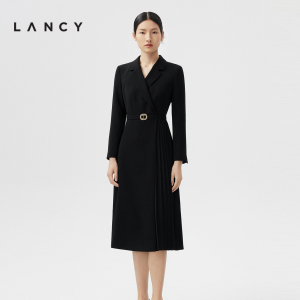 LANCY/朗姿24新款气质百褶气质西装收腰长袖连衣裙