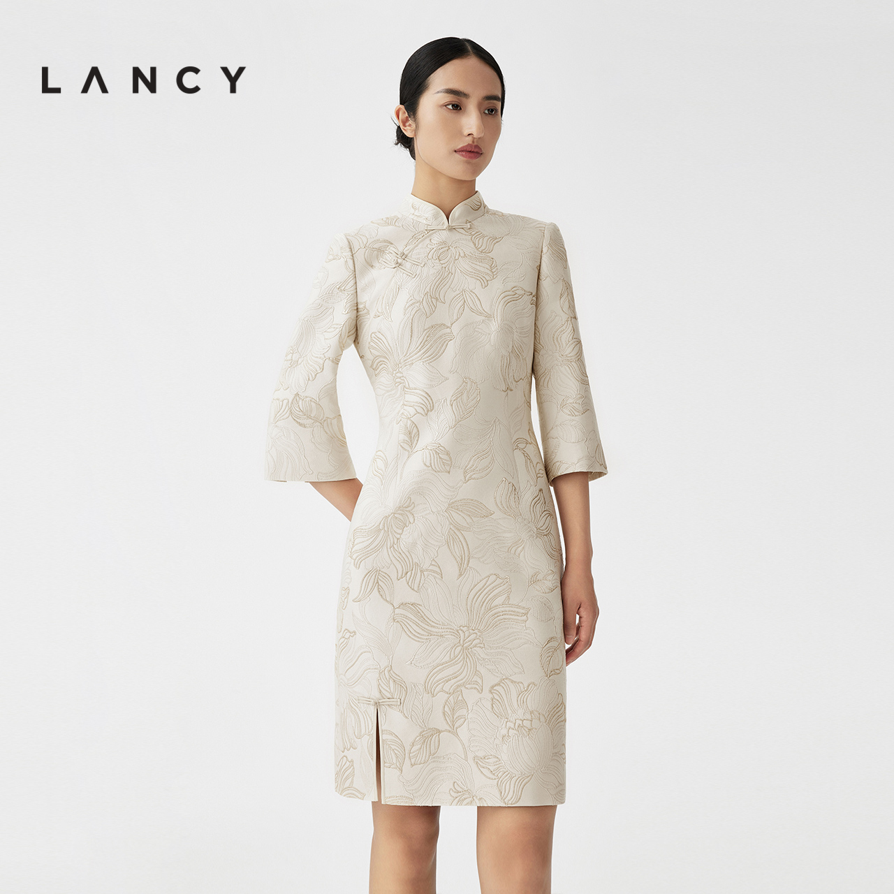 LANCY/朗姿2023冬季新款新中式旗袍连衣裙子女收腰七分袖印花收腰