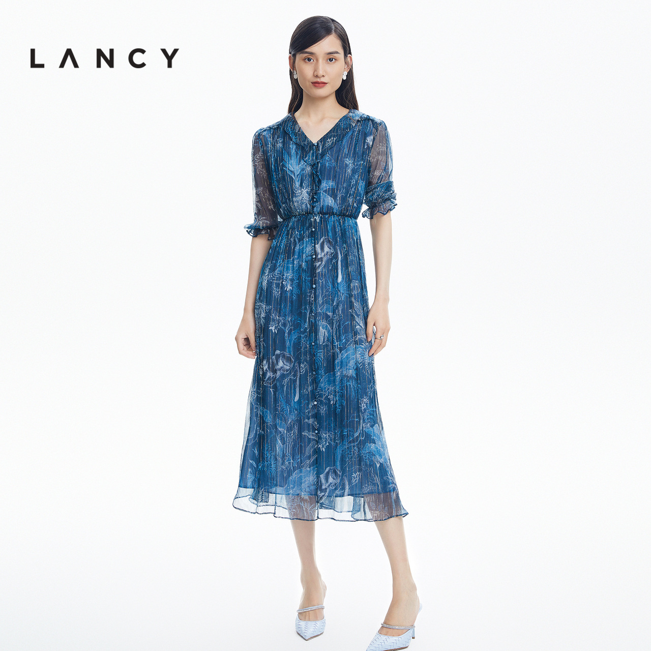 朗姿/LANCY2022夏季新款真丝印花连衣裙收腰荷叶边V领网纱裙子女