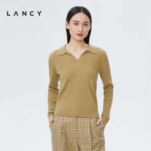 LANCY/朗姿羊毛纱2022冬季新款翻领羊绒针织衫女高级感通勤打底