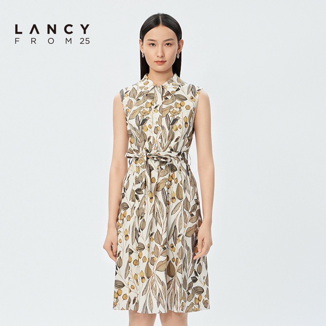 LANCY/悦朗姿女装2023夏季新款植物印花无袖衬衫连衣裙女收腰显瘦