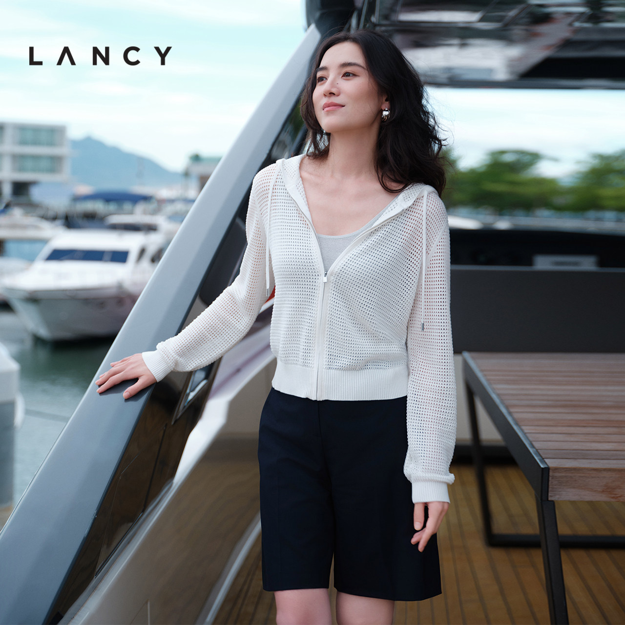 【宋佳同款】LANCY/朗姿2025年夏新款莱赛尔镂空连帽长袖针织衫女