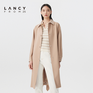 LANCY/悦朗姿2023春季新款风衣外套女衬衫领收腰羊毛显瘦薄款大衣