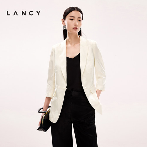 LANCY/朗姿2025夏新款法式气质提花收腰七分袖西装外套通勤职业女
