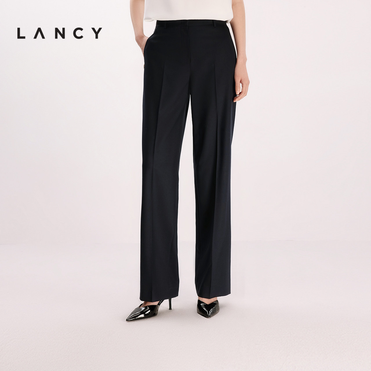 【秀场同款】LANCY/朗姿夏季新款通勤高腰直筒阔腿羊毛西装裤女图片