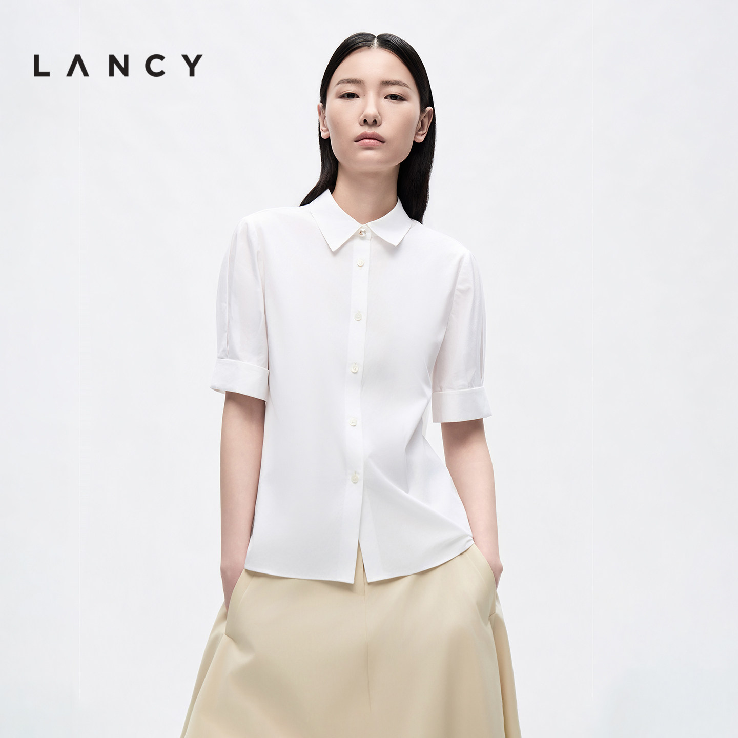 【纯棉】LANCY/朗姿2026夏季新款简约短袖白色衬衫通勤翻领上衣女
