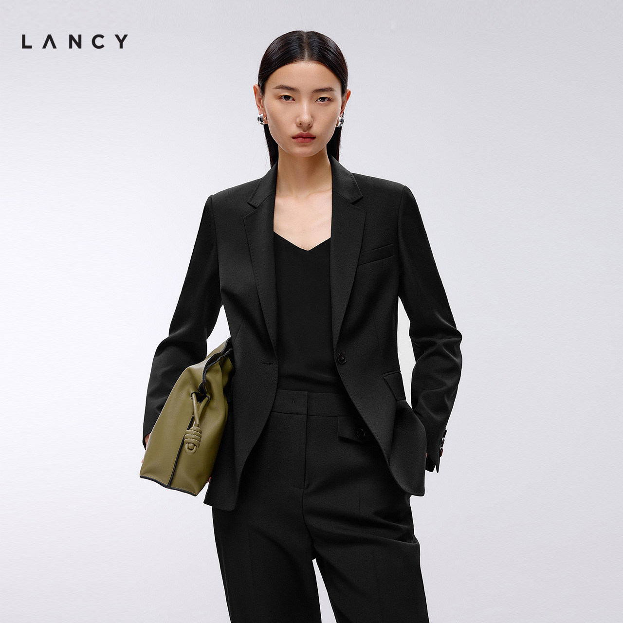 LANCY/朗姿2025年春新款羊毛气质通勤职场收腰西装黑色正装套装女图片