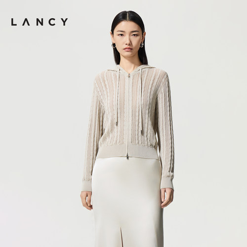 LANCY/朗姿2026夏季新款莱赛尔三醋酸绞花连帽镂空针织开衫外套女