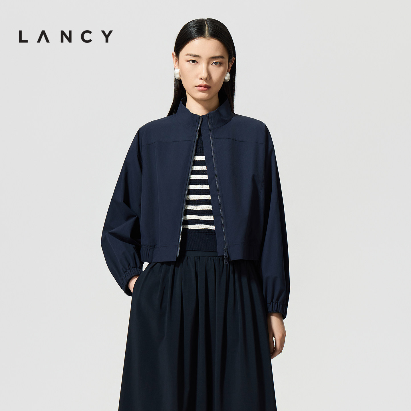 LANCY/朗姿2026夏新款老钱风高级感短外套夹克运动半裙休闲裤套装