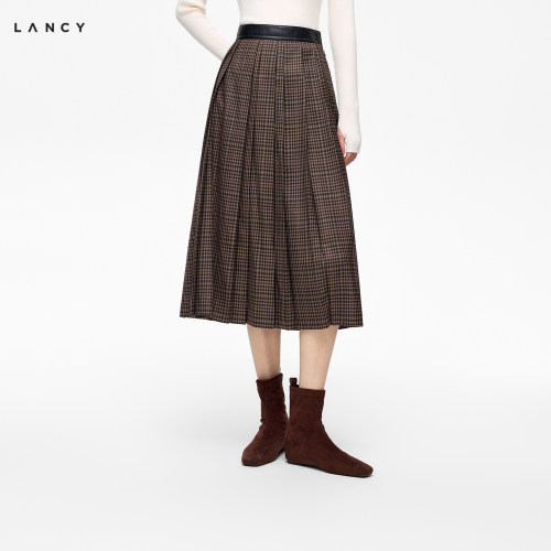 【纯羊毛】LANCY/朗姿2026年冬季新款复古格纹A字百褶半身裙女长