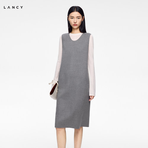 【纯羊毛】LANCY/朗姿26冬季新款气质知性圆领无袖背心连衣裙女长