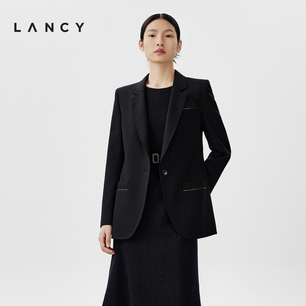 lancy/朗姿2023年冬新款黑色中长款西装女一粒扣修身收腰高级通勤