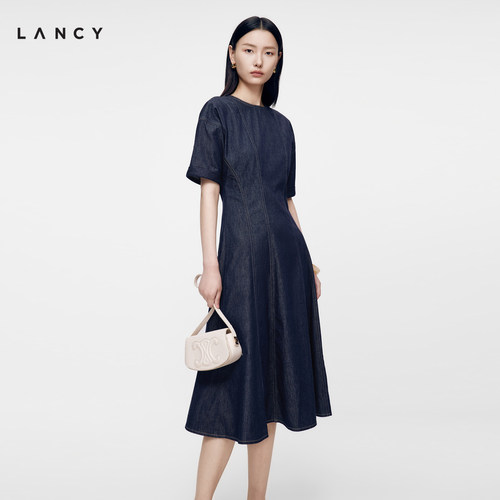 【纯棉】LANCY/朗姿2026秋季新款复古A字收腰短袖牛仔连衣裙深蓝