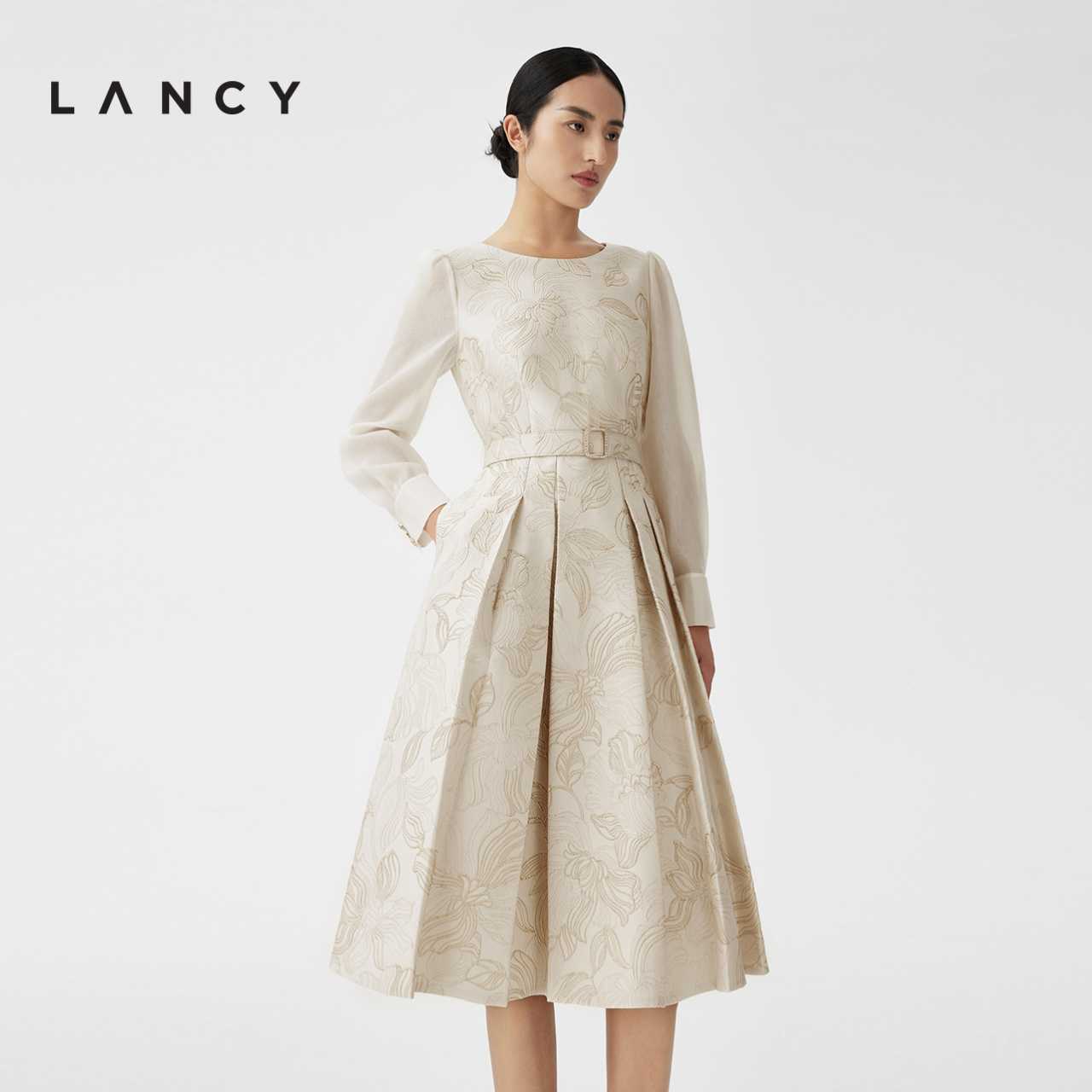 LANCY/朗姿2023冬季新款高腰圆领显瘦长袖印花A字印花连衣裙子