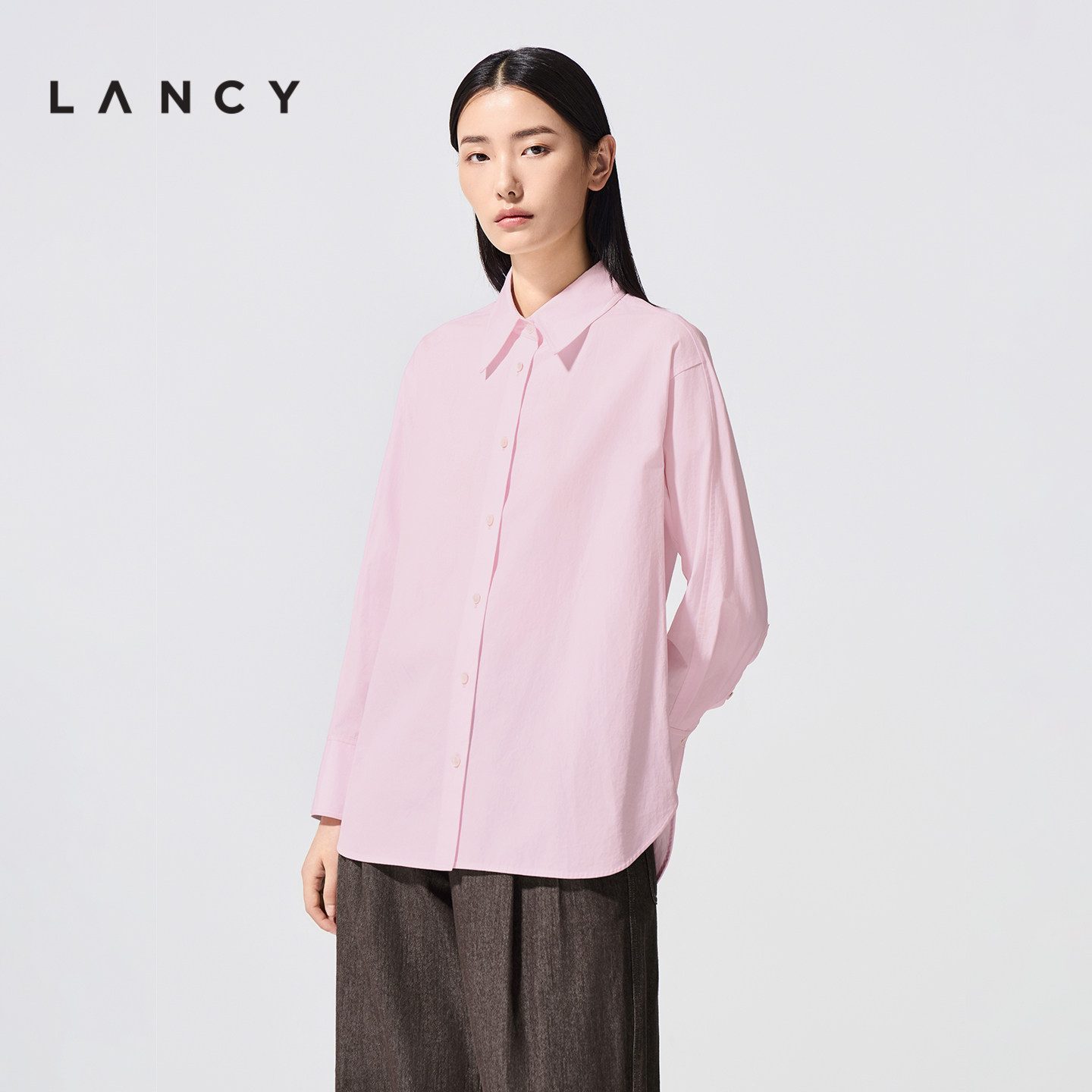 【100%棉】LANCY/朗姿2026春新款简约百搭长袖翻领衬衫粉色上衣女