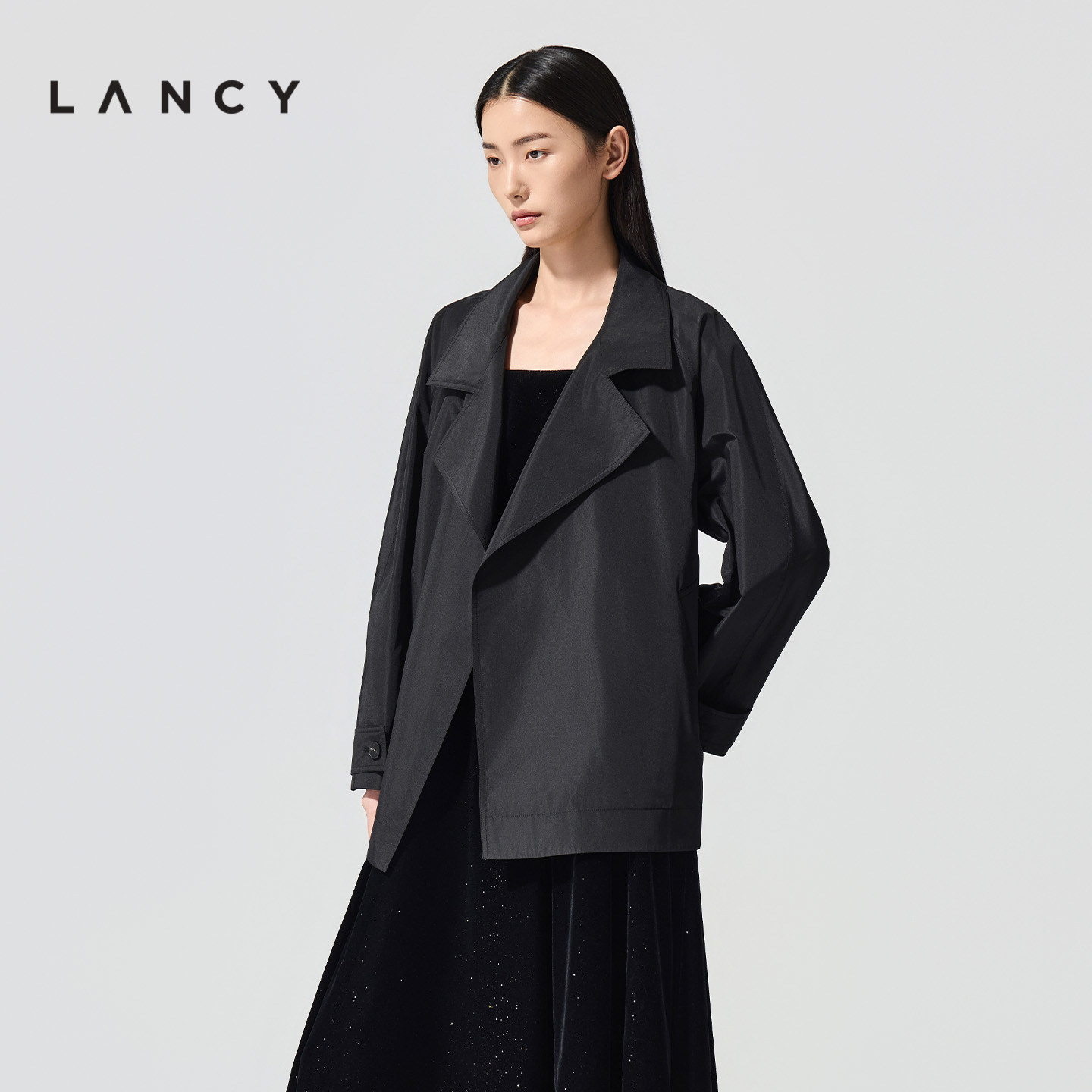 【桑蚕丝】LANCY/朗姿26春季新款高级感通勤翻领气质中款风衣外套图片