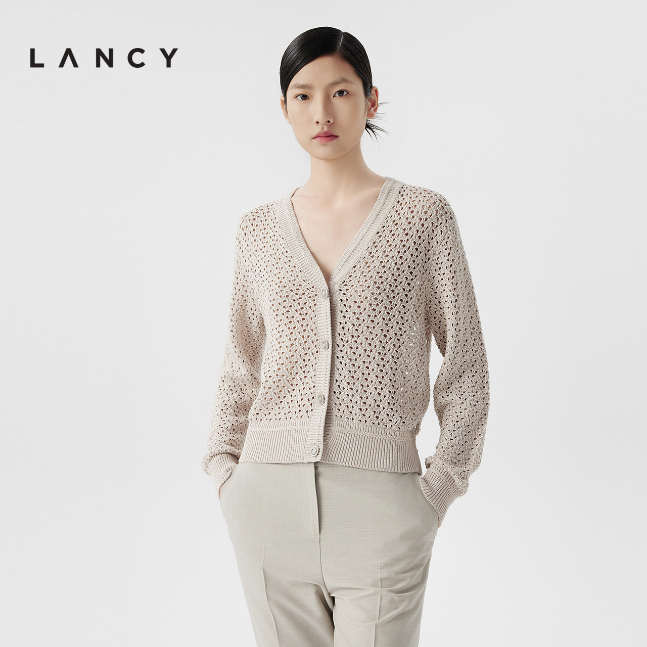 LANCY/朗姿2024夏季新款镂空长袖针织衫女高级感修身V领开衫上衣,女装/女士精品,毛针织衫,淘宝优惠券,粉丝福利购,淘宝优惠卷