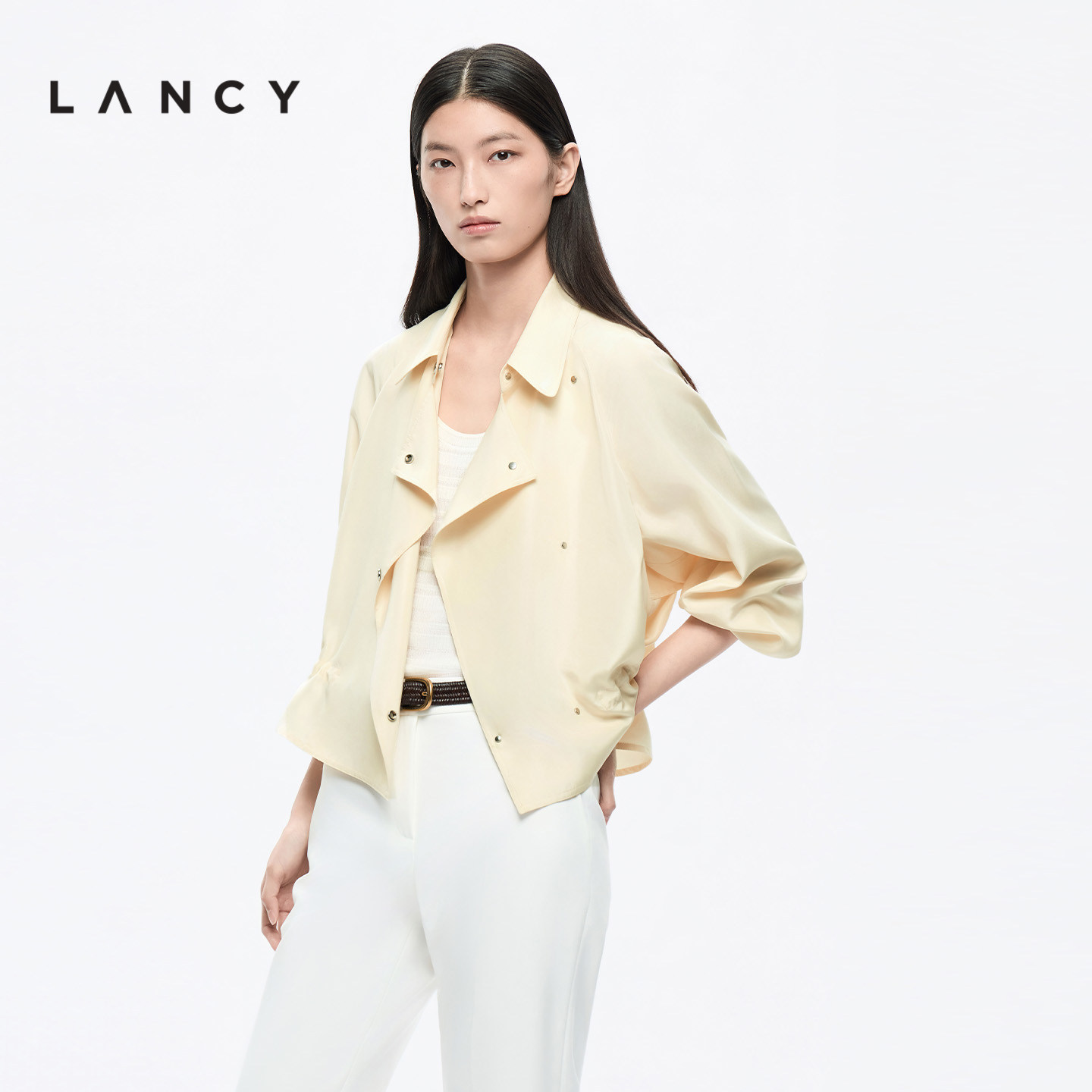 【真丝】LANCY/朗姿2026年秋季新款时尚翻领短外套薄款夹克上衣女