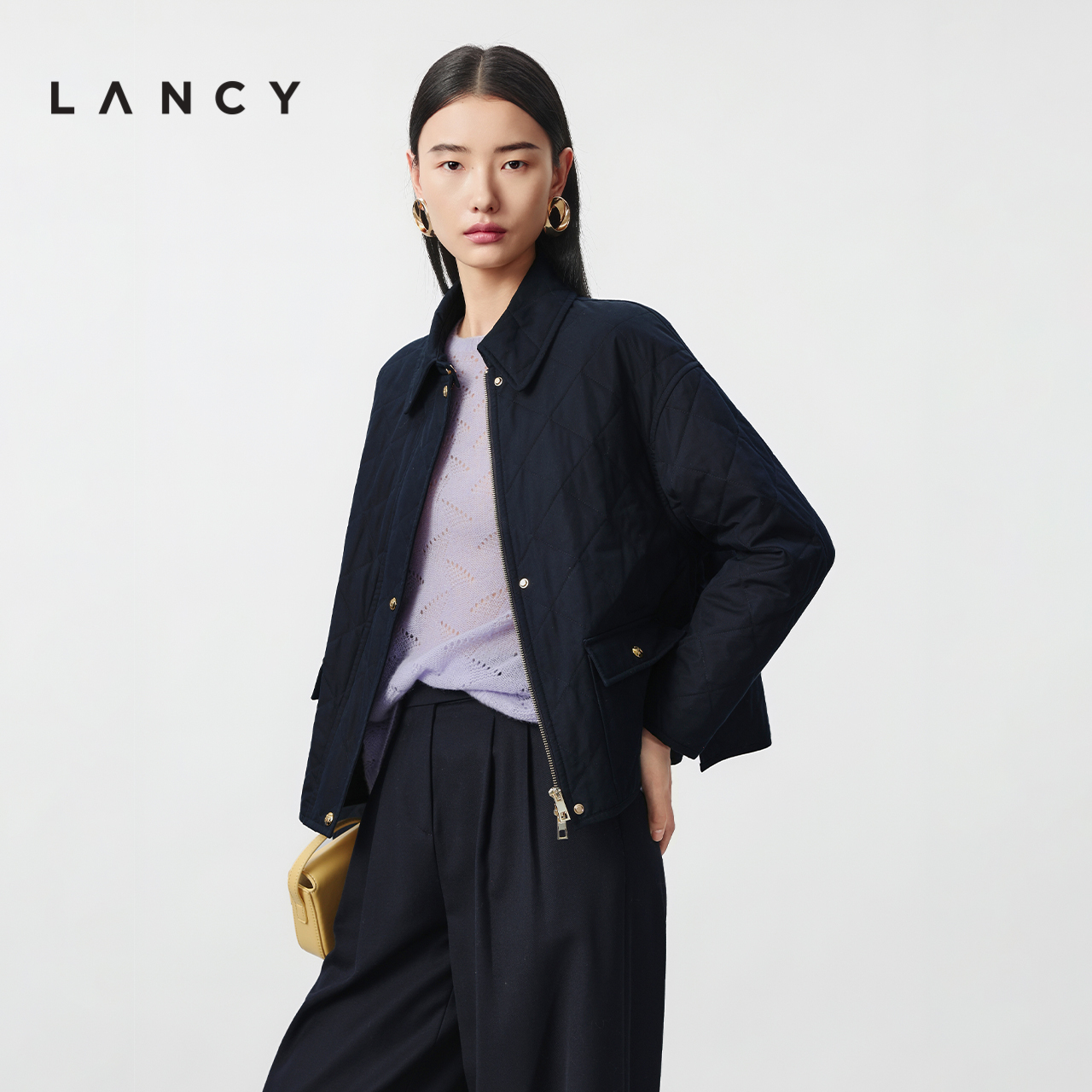 【羊毛羊绒】LANCY/朗姿2025冬新款百搭丝绵翻领棉服短外套夹克女