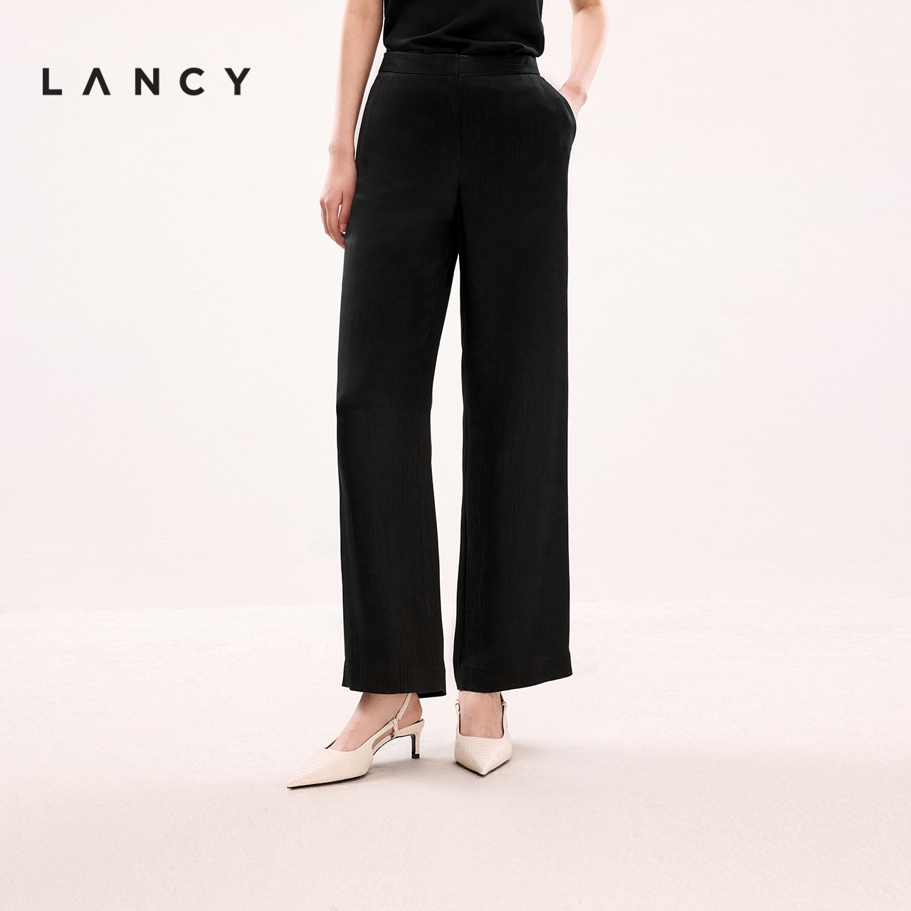 LANCY/朗姿2025年夏新款简约气质高腰直筒阔腿裤黑色廓形西装裤女