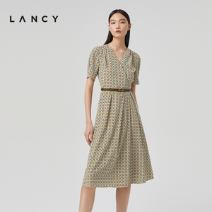 LANCY/朗姿女装2023春季新款桑蚕丝V领A摆连衣裙收腰短袖裙子女