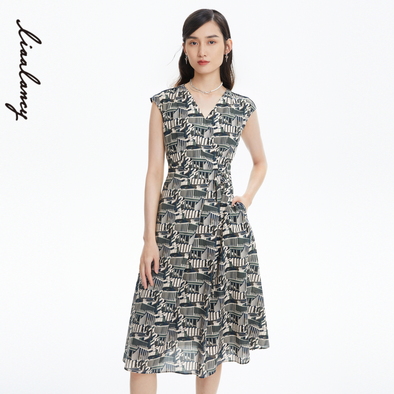 LANCY/朗姿夏季纯棉印花无袖连衣裙女复古高级感收腰法式裙子女